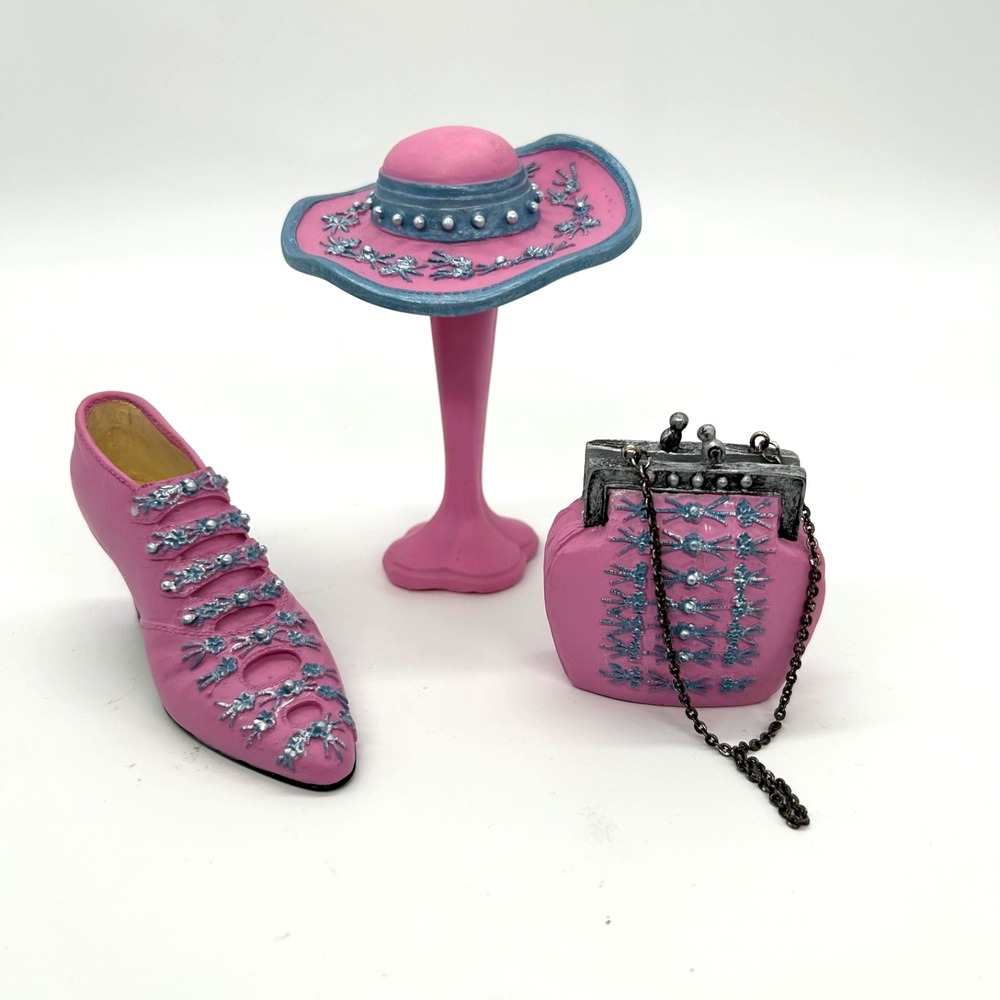 Vintage‎ Miniature Set of 3 Victorian Shoe Handbag Hat with Stand Collectible